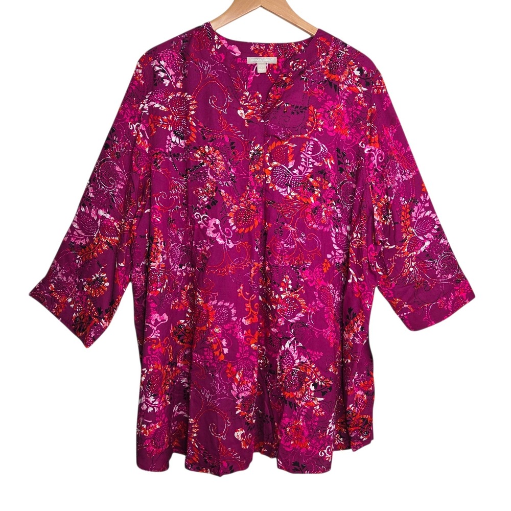 NWT Woman Within Pink Rayon Floral Paisley Tunic 1X Split Neck 3/4 Sleeve Boho